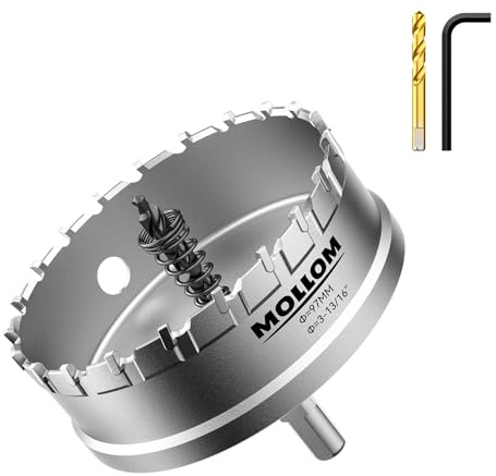 Mollom 3-13/16 (97mm) Scie à trou carbure 2 mèches pilotes incluses | Coupe-trous qualité industrielle pour acier inoxydable, acier doux, fer, cuivre, laiton, aluminium, plastique