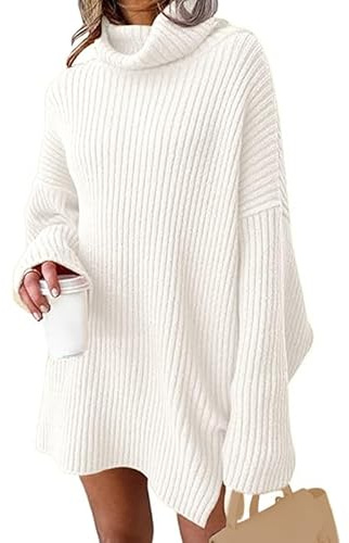 JFAN Vestido de Punto Mujer Invierno Elegante de Cuello Alto de Manga, Blanco, Large