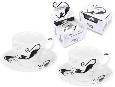 Carmani - Crazy Cats - 2 Stück weiße Porzellantasse und Untertasse Espresso, Mokka-Set, bedruckt mit schwarzer Katze 100 ml