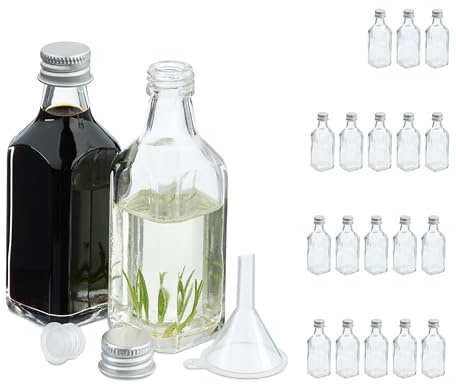 Relaxdays Små flaskor, set om 20, 50 ml, glasflaskor för fyllning, skruvlock och korkar, transparent/silver
