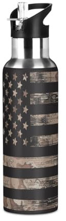 American Usa Flag Retro Insulated Water Bottle Stainless Steel Kids Sport Thermos Jug with Straw Lid Vintage Star Water Flask Leakproof Thermos Bottle for Bike Running Walking Outdoor 20 Oz