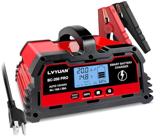 LVYUAN 20Amp Smart Car Battery Charger, 12V/24V Automotive Charger, LiFePO4 Battery, Lead-Acid Battery Maintainer with LCD Display, Trickle Charger, for Lawn Mower, Motorcycle, AGM, STD, Gel, EFB,etc | Maintainer with LCD Display, Trickle Charger, for Lawn Mower, Motorcycle, AGM, STD,etc