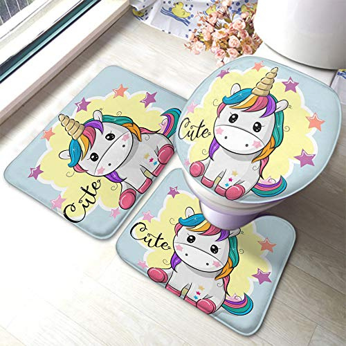 rutschfeste 3 Badteppich Set Einhorn Niedliches Cartoon Einhorn Mit Star Girl Dream Badematte Und Wc-Vorleger-Set Weiche Wasserabsorbierend Konturmatte, Für Dusche, Wc-Sitz Bezug