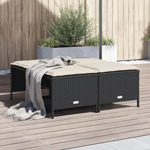 Homgoday Gartenhocker mit Kissen Sitzhocker Fußhocker Sitzhocker Balkon Gartenmöbel Hocker für Terrasse Balkon Garten 4 STK. Schwarz Poly Rattan