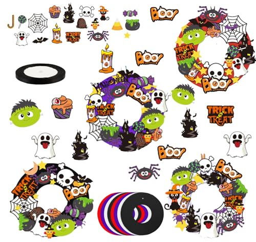 Ajuanbazha 8 Stück Halloween Party Kranz Deko, Halloween Kränze Bastelset für Kinder, Halloween Basteln Kinder Dekoration, DIY Kürbis Zombie Spinne Wandkranz