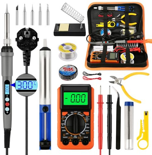 Lötkolben Set LCD Display Profi Lötkolben 60W Lötset Elektronik, Temperatur Einstellbar 180-500℃, 21 in 1 Lötset mit Digitalmultimeter, 5 Lötspitzen, Lötkolbenständer, Lötzinn, Entlötpumpe, Pinzette