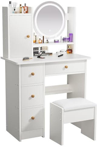 ZenkiHome Dressing Table, Vanity Desk with Mirror and Lights, 80cm Vanity Table with Stool