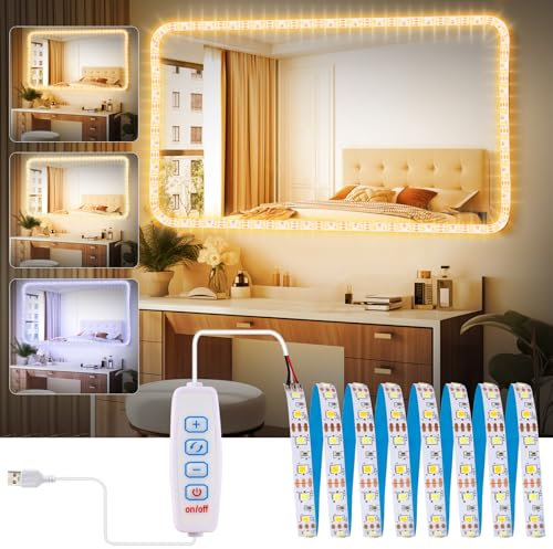 Taekooki Lumière de Miroir, Lampe de Miroir LED, Lampe de Maquillage, 2M, 3 Couleurs et 9 Niveaux de Gradation, Eclairage de Miroir pour Coiffeuse de Maquillage