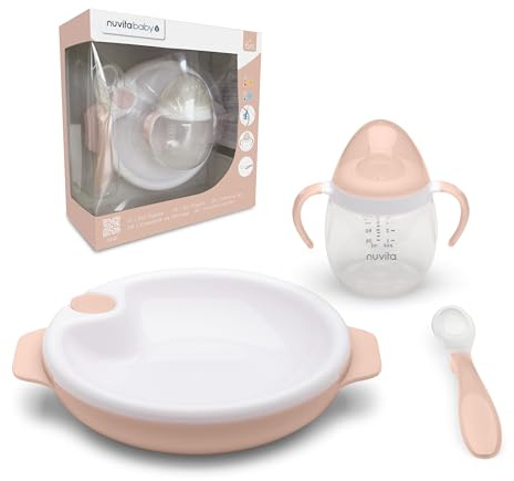 Nuvita 1491 Set Pappa per Bambini – Set Svezzamento con Piatto Termico, Cucchiaio in Silicone e Tazza Antigoccia – Senza BPA, Antiscivolo, Ideale dai 6 Mesi - English Rose