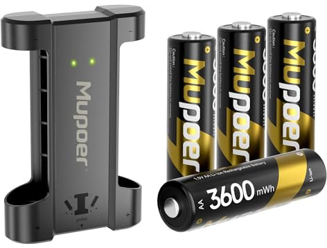 Mupoer Rechargeable Battery AA Lithium with Charger,4 Count 3600mWh Lithium Aa Battery 1.5V,Double A Batteries High Capacity,Aa LI ion Batteries for Blink Xbox,Mini Charger+4AA3600mWh