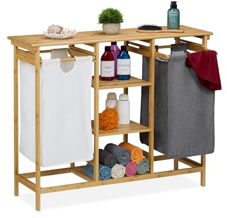 Relaxdays Cesto Ropa Sucia con 4 Estantes, 2 Sacos Extraíbles Colada, 80x100x32 cm, Estantería Baño Bambú, Multicolor, Poliéster