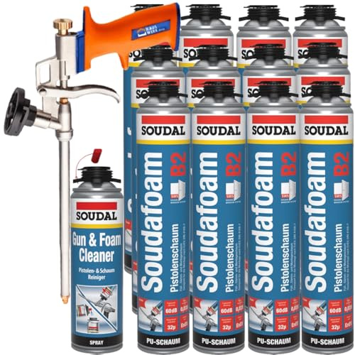 Hauswerk.shop PU Schaumpistole + SOUDAL Profi Pistolenschaum GUN B2 / 12 x 750 ml + Schaumpistole + Reiniger