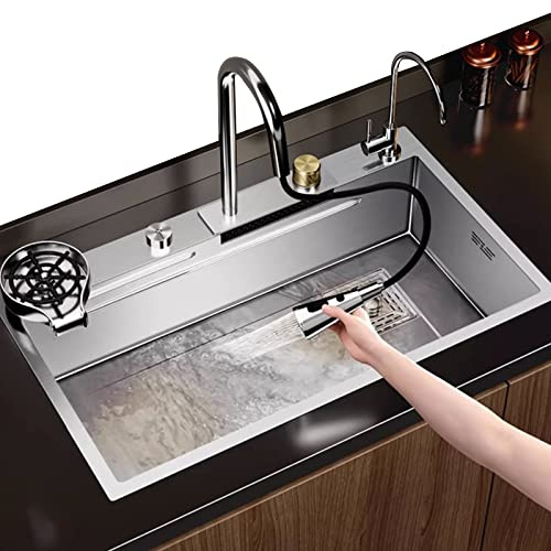 Large Stainless Steel Kitchen Sink with Waterfall Faucet High Pressure Cup Washer Drain with Button Control (Size: 68x45x21cm) Silver Kitchen Sink