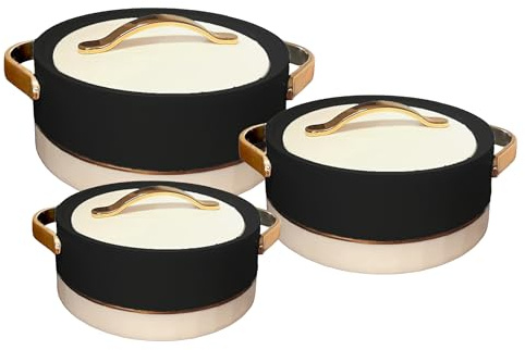 Rishabh Insulated Hot pot Casserole Hot & Cool Food Serving Dish with Lid, Double Wall. Stainless Steel Inside Set of 3 (Size 1500,2000, & 2500ml) (Grey Blue - Gold)