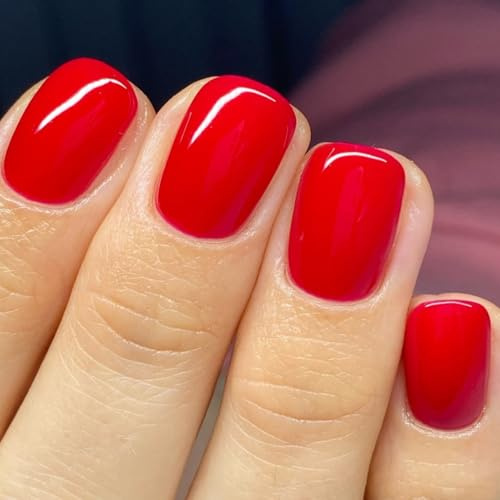 Viugex 24Pcs Faux Ongles Autocollants Courts Carrés, Rouge Vif Press on Nails, Français Faux Ongles Sans Colle, Reutilisable Acrylique Couverture Complète Ongle à Coller pour Femmes et Filles Manucure