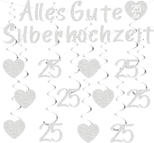 Silberhochzeit Deko, Silberne 25 Hochzeitstag Dekoration Banner und Spiralen Hängedeko, Hochzeitsdeko, Hochzeitsdekoration, Silberne Dekoration für 25. Jubiläum