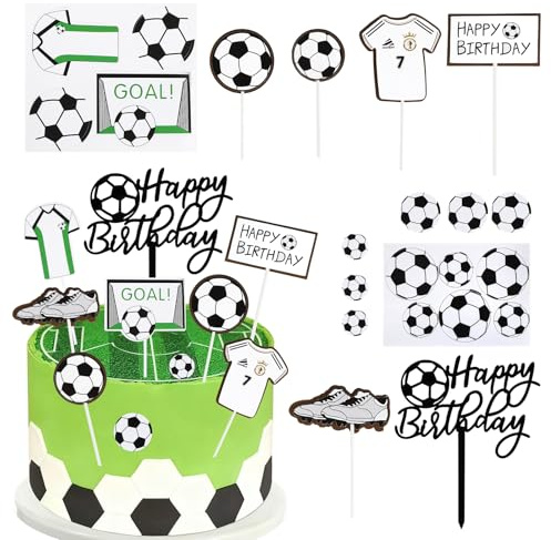 16 Pcs Football Cake Topper, Football Cake Decorations for Boys, Black and White Happy Birthday Cake Topper, Soccer Party Decorations for Boys Girls Sports Theme Birthday