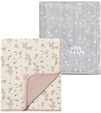 CREVENT Lot de 2 couvertures Mignonnes et moelleuses pour bébé – 75 x 100 cm – Literie pour Berceau, Poussette – Nuage Gris + Fleur en Mousseline