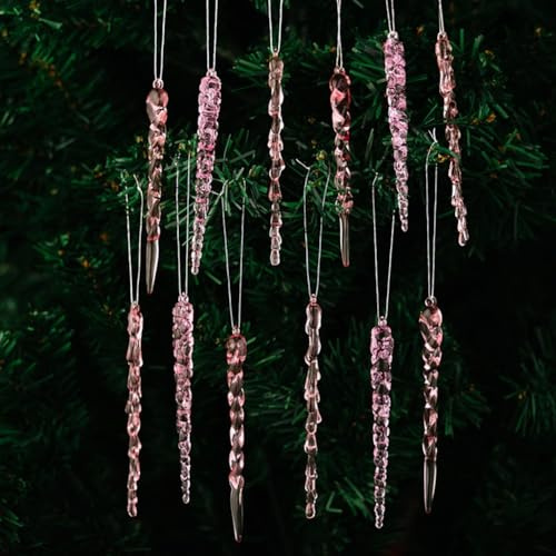 Yuanpgky Juego de 12 adornos de carámbano, color rosa, hechos de decoraciones colgantes transparentes azules diseñadas para árbol de Navidad, decoración acrílica de temporada (rosa)