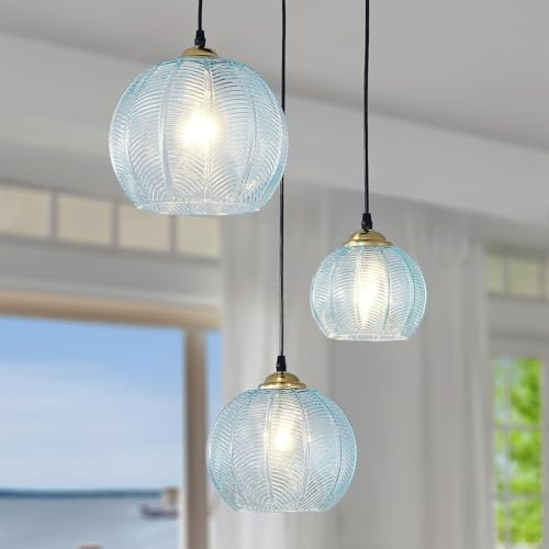 TMKOO 3-Flammige Glas Pendelleuchte Kronleuchter Mit Kugelschirm Handgeblasene Glaskugel Pendelleuchten Höhenverstellbare Esstisch Hängelampe Für Kücheninsel Treppenhaus Wohnzimmer(Blau)