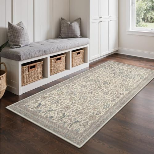 GENIMO Alfombra Persa Rosa para Salón, Alfombras Lavable y Antideslizante, Vintage de Pelo Corto para Dormitorio, Pasillo o Comedor, Decoración Moderna, 80X150CM, Beige