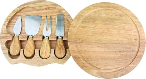 Cheese Board and Knife Set with Hidden Knife Drawer - Charcuterie Serving Tray with Wooden Handle Knives & Forks - Hevea Wood Cheese Board Gift Set for Entertaining, Parties, 9×8.6×1.6 Inches