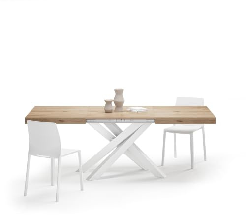 MOBILI FIVER, Ausziehbarer Esstisch Emma 140(220) x90 cm, Wildeiche mit Weißen gekreuzten Beinen, Made In Italy