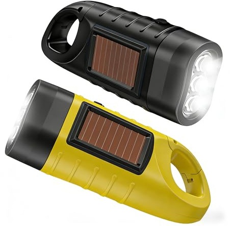 Telidif 2-Pack Wind up Torch, LED Torch with Solar Power and Hand Crank - Super Bright Emergency Light with Carabiner Hook for Camping, Hiking, Outdoor, Survival Gear (Black, Yellow)