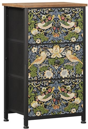 Welfuturer Cómoda con cajones de tela, cómoda de tela con 3 cajones de tela, armario de almacenamiento para dormitorio, sala de estar y pasillo, patrón decorativo de fresas y pájaros, estructura de