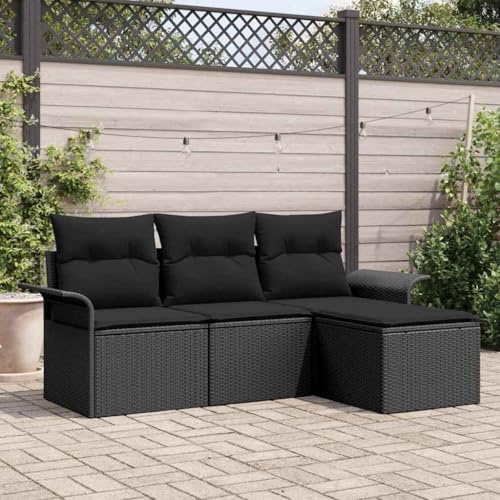 Tonture Garten-Sofa-Set 4-teilig Schwarz Poly Rattan, Modulares Outdoor Loungesofa mit Kissen, Verstellbare Füße, Stauraumfunktion, für Terrasse & Balkon