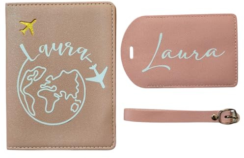 LesBri Homemade Creations Porta Passaporto Personalizzabile con Etichetta Valigia, Design Mappamondo con Aerei, 11.0 x 14.5 cm, Tema Viaggio (Rosa)
