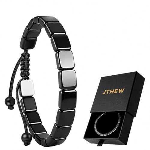 JTHEW Pulsera ajustable de hematita para hombres - Pulsera de piedra natural para energía masculina, inspirada en guerreros romanos y vikingos, ajuste elástico para muñeca 16-24 cm (6.3-9.5 pulgadas).