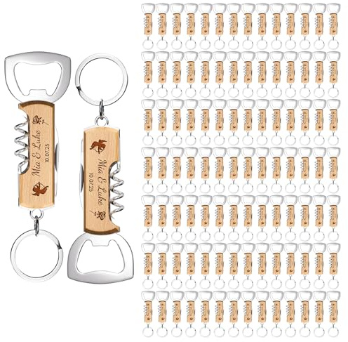 100 Abrebotellas Llaveros Personalizados, Sacacorchos de Madera de Cerveza Regalo Grabables, Abridor de Vino, Regalos para Detalles Bodas, Comuniones, Bautizos