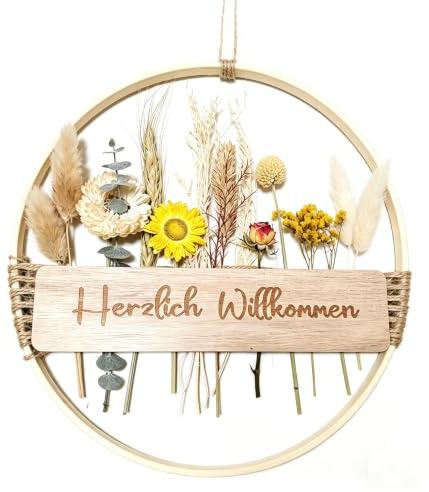 Türkranz Ganzjährig Modern 25x25 cm, Türkranz Trockenblumenkranz Herzlich Willkommen Schild, Handgemachter Natur Trockenblumen Holz Kranz Boho Hängedeko für Haustür Fenster Wand Zuhause Deko