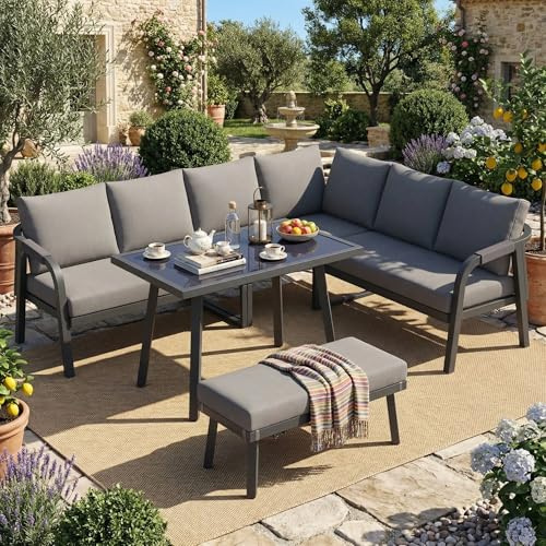 Bladez Gartenmöbel Set für 8 Personen, Polyrattan Essgruppe mit Ecksofa, Esstisch mit Glasplatte & Bank, Garten Lounge Set mit Seilgeflecht, Verzinkter Stahlrahmen, für Terrasse Balkon Grau