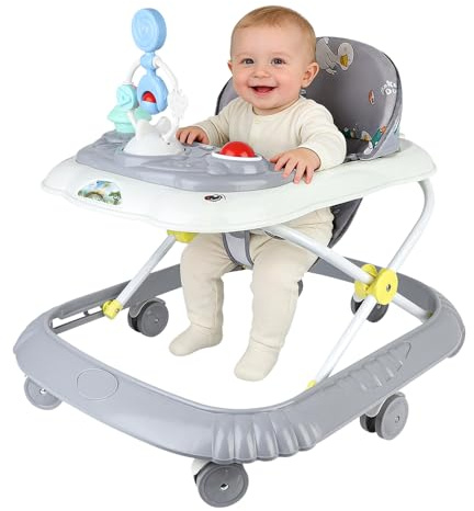 Andador plegable para bebé con bandeja de juegos interactiva con sonidos,Andador para bebé con bandeja de actividades musicales extraíble, de 6 a 18 meses, hasta 20 kg, 67 x 72 x 92 cm – Gris (B)