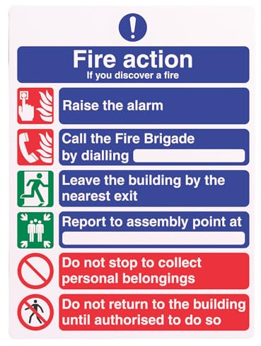 V Safety General Fire Action Sign – 6-Point Emergency Instructions – Self-Adhesive Vinyl 150 x 200 mm – EN ISO 7010 Compliant Safety Notice for Office, School, Workplace, Public Use