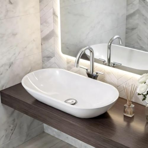 Durovin Bathrooms Luxurious Stone Resin Bathroom Basin - Thin Rim No Tap Hole - Countertop Mount Bathroom Vessel - Oval Shaped 600 x 300mm
