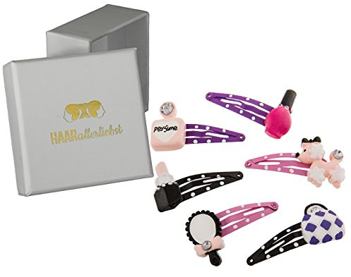 6 Barrettes à cheveux accessoires cheveux avec un salon de beauté Set (Vernis, parfum, miroir à main, Caniche et sac à main) pour les enfants dans boîte blanche de cheveux de tous les aimez