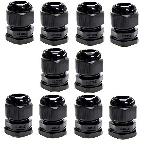 10 Pack Black M20 20mm TRS Stuffing Compression Glands for 6-12mm Cable, Waterproof IP68 with Locknut and Washer