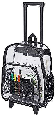 COVAX Rolling Clear Backpack, Heavy Duty See Through Bookbag, Transparent PVC Cold-resistant Backpack with Wheels (Black)