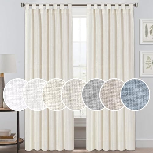 PrinceDeco Linen Curtains 84 Inches Long Natural Linen Blended Curtains Tab Top Panels Light Filtering Window Treatments Panels for Bedroom Burlap Look Home Fashion, 2 Panels - Ivory