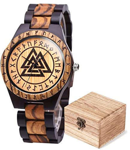 YCYR Herren Wikinger Uhren, Nordische Mythologie Valknut Rune Symbol Quarzuhr, Handgefertigte Vintage Verstellbare Holzarmband Geschenk