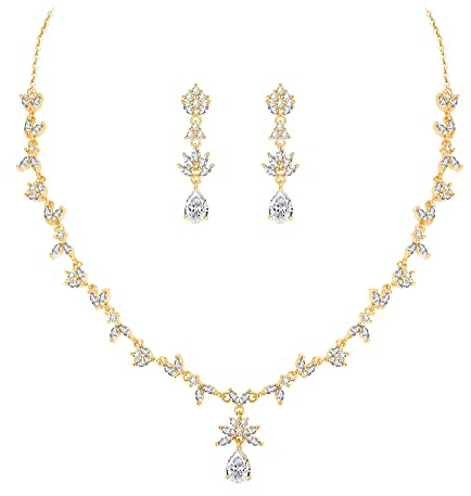 Clearine Zirkonia Halskette Ohrringe Set Hochzeit Braut Blume Blatt Kristall Tropfen Marquise Anhänger Schmuckset für Damen