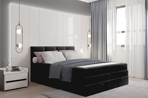 TRADA Boxspringbett Prado mit Matratze und Bettkasten, 180x200 cm, Schwarz | Elegant Bett mit Matratze und Bettkasten, Modern Double Bed fur Schlafzimmer
