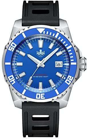 PHOIBOS Leviathan Hombre 45MM Reloj automático 500M Reloj de Buceo con Correa de Caucho Negra PY032B Azul