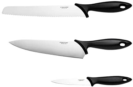 Fiskars Starter Set di 3 Coltelli, Coltello da Chef, Coltello per il Pane, Spelucchino (Lunghezza Lame: 20 cm, 23 cm, 11 cm), Essential, Acciaio Inox / Plastica PP, Nero, 1065583