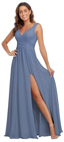 Sincemeet Damen Brautjungfernkleider V Ausschnitt Lange Chiffon Abendkleid mit Schlitz Cocktailkleid Elegant für Hochzeit