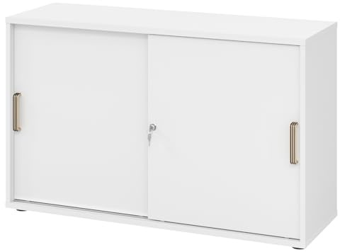 bümö Schiebetürenschrank 2OH - Aktenschrank abschließbar, Sideboard Schrank mit Schiebetüren in Weiss, Streifengriff - Büroschrank aus Holz mit Schiebetür, Büro Kommode für Ordner & Co.