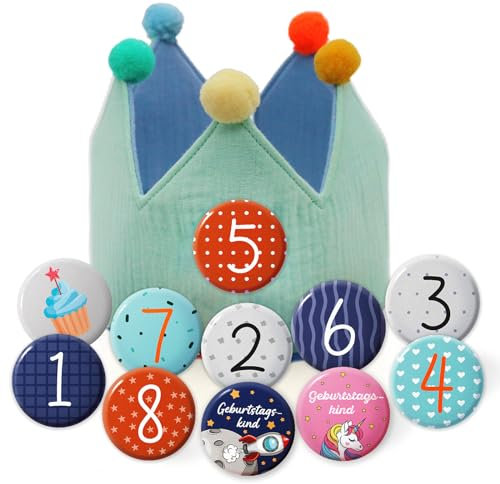 SUGUERU®Corona Cumpleaños Gasa Números Intercambiables del 1 a 8,Corona Cumpleaños 1 a 9 Año,Corona Primer Cumpleaños Niño,Regalo Original Personalizados,Años o Meses Aniversario,Cumpleaños (Verde)